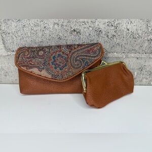 VTG Faux Leather Brown Paisley Envelope Snap Wallet w/ Kisslock Coin Purse